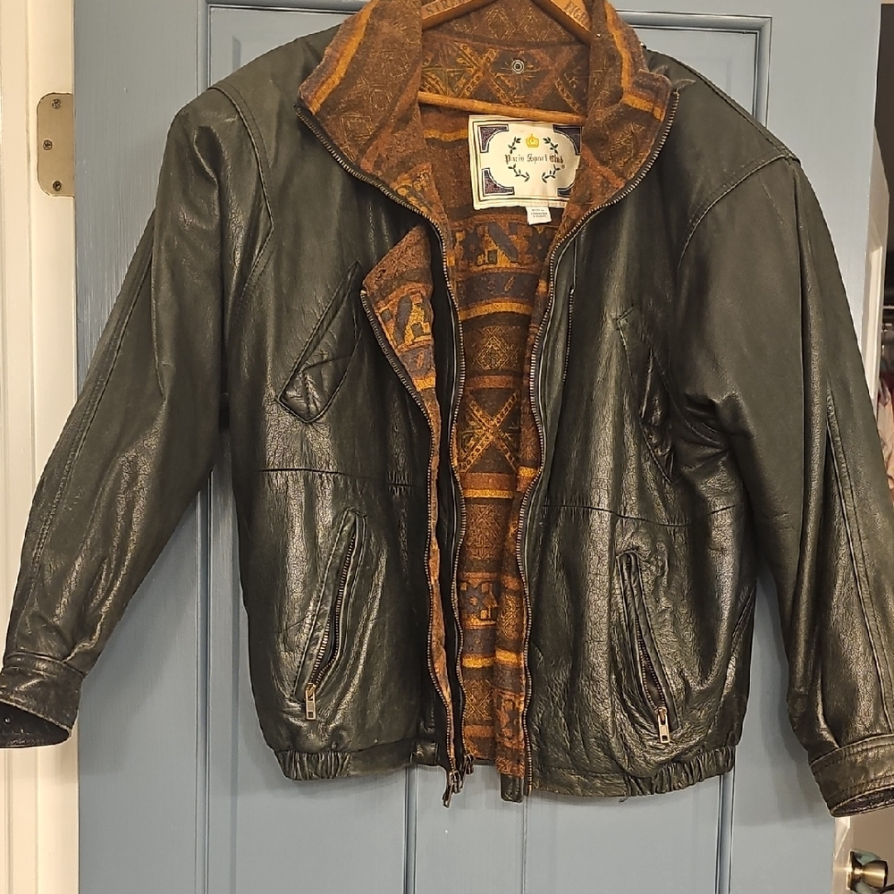 80s Leather Bomber Jacket Paris Sport Club Women's Black Aztec Lining